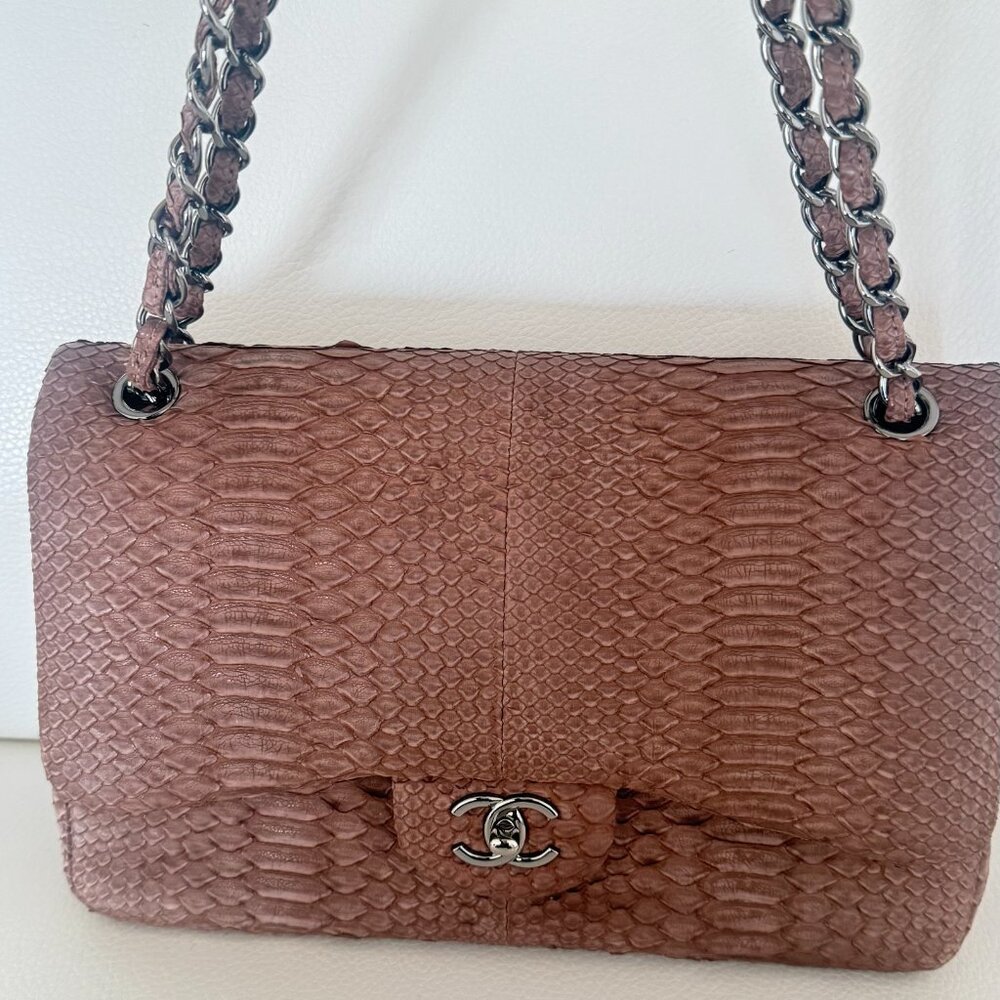 AUTHENTIC CHANEL 11A EXOTIC PYTHON JUMBO CLASSIC DOUBLE FLAP BAG BROWN - Picture 2 of 13